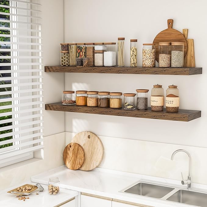 RICHFOCUS 55Inch Floating Shelves for Wall 2 Pack Shelves for Bedroom|Kitchen|Bathroom Wall Mounted Rustic Wood Floating Shelf with Invisible Brackets for Books|Storage|Decor, Rustic Brown-Ruum Studio Home