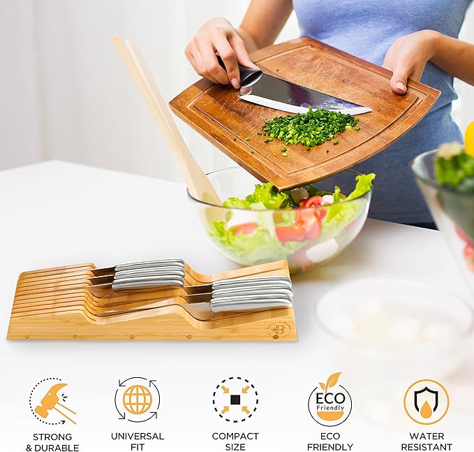 In-Drawer Knife Block - Bamboo Knife Drawer Organizer for Kitchen - Fits 5 Long + 6 Short Knives - Store Knives with Blades Pointing Down - Wooden Steak knife Holder without Knives - Chef Gift Idea-Ruum Studio Home