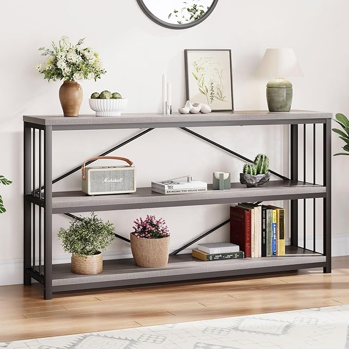 LVB Farmhouse Industrial Console Table, Wood Metal Foyer Entryway Sofa Tables with Storage, 3 Tier Long Rustic Entry Table TV Stand with Shelves for Home Living Room Hallway, Light Grey Oak, 55 Inch-Ruum Studio Home