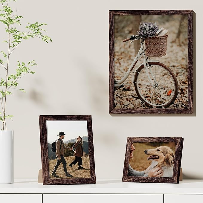Vittanly 11x14 Picture Frames Set of 9, Shatter Resistant Plexiglass, Display 8x10 Pictures with Mat or 11x14 without Mat, Photo Frames for Wall or Tabletop, Engineered Wood, Brown-Ruum Studio Home