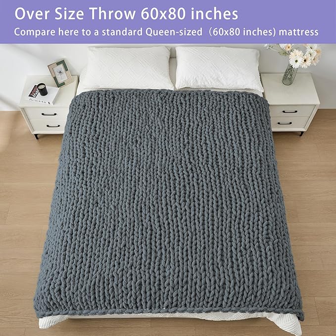 Bigacogo Chunky Knit Throw Blanket for Couch, 60x80 inches, 100% Hand Knitted with Thick Jumbo Chenille Yarn, Cozy Soft Large Rope Knot Cable Crochet Blankets for Sofa Bed Living Room, Iron Gray-Ruum Studio Home