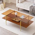 Extra Large Rectangle Glass Coffee Table, Mid-Century Modern Design for Living Room, L47 x W24 x H17, Amber Glass Top and Walnut MDF Shelf, Sleek Conical Metal Legs with Gold Finish-Ruum Studio Home