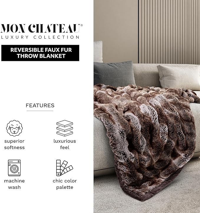 Mon Chateau Premium Reversible Luxury Faux Fur Throw for Couch, Sofa, or Bed - Plush Cozy Soft Blanket for Sleeping or Home Décor, 60" x 70" (Ruched Dark Brown)-Ruum Studio Home