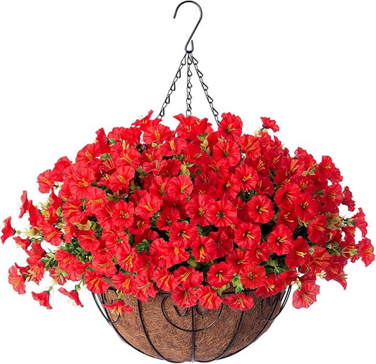Ivydale Artificial Faux Hanging Flowers Plants Baskets for Outdoors Outside Spring Decoration, Fake Silk Red Morning Glory UV Resistant Look Real for Front Door Porch Patio Balcony Yard Garden Home-Ruum Studio Home