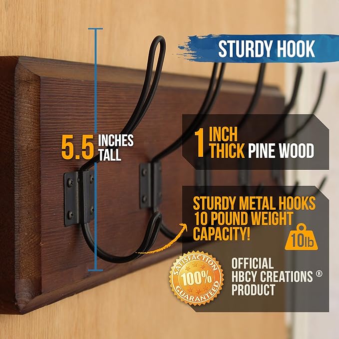 HBCY Creations Dark Wash Brown Rustic Coat Rack Wall Mount with 5 Hooks, Solid Pine Wood 24 inch Wall Hooks for Entryway, Mudroom, Hallway, Bathroom - Vintage Farmhouse Style Wall Mounted Towel Rack-Ruum Studio Home