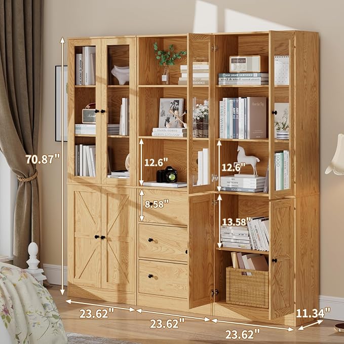 71" Tall Bookshelves Set of 3, 1 Bookcase with Drawers & 2 Bookshelves with Doors, Wooden Floor Standing Display Storage Shelves for Home Office, Living Room-Ruum Studio Home