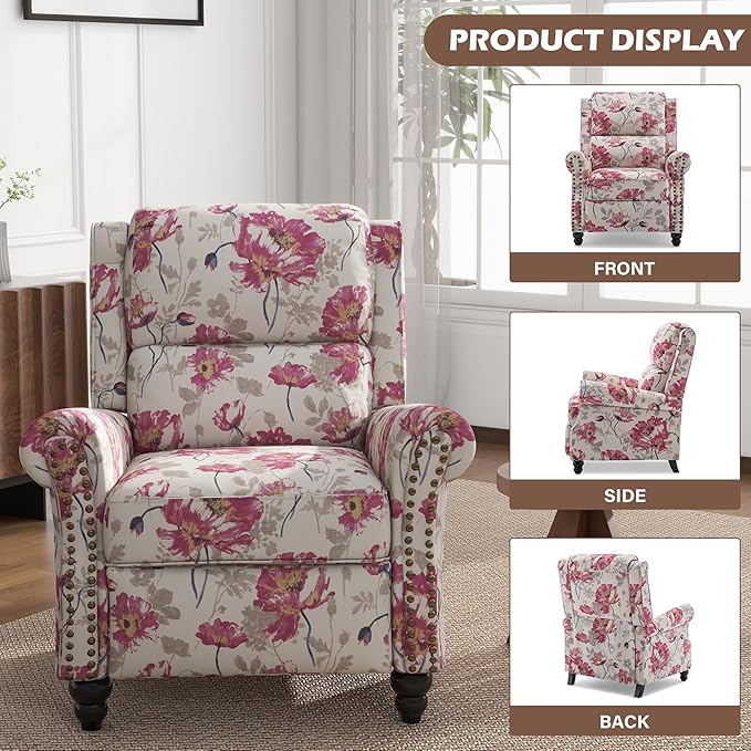 UIXE Pushback Recliner Chair, Fabric Armchair Push Back Accent Chair, Rivet Trim Club Chair Home Theater Overstuffed Single Sofa Reading Seat for Living Room, Pattern-Ruum Studio Home