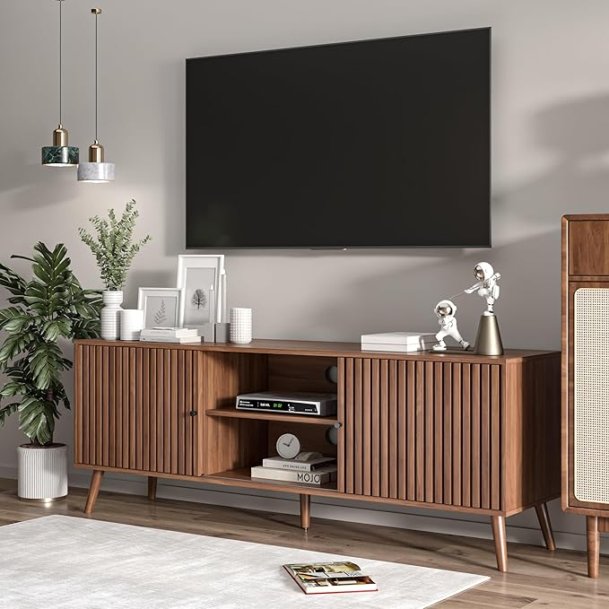Mid Century Modern TV Stand for Televisions up to 70 Inches, with Sliding Doors and Storage, Television Stands, TV Consoles, Media Consoles for Living Room, 63 Inch (Walnut)-Ruum Studio Home