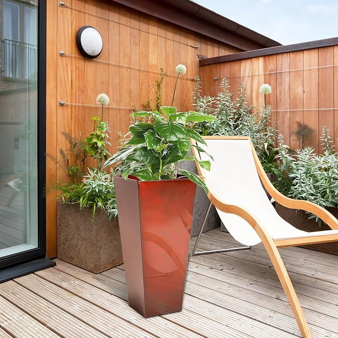 KOL 25''H. Galvanized Steel Planter with Saucer, Tall Glazed Planter Pots for Indoor & Outdoor Use, Set of 2, Decorative Flower Plant Pots with Drainage Hole for Porch, Patio, Deck - Reddish Brown-Ruum Studio Home