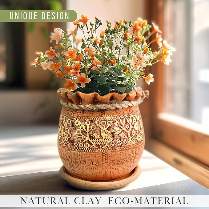 Ceramic Pot with Drainage Hole and Saucer, Plant Pots, Modern Decorative Planters for House Plants Indoor Flowers Plants, Cute Flower Pot - Gifts (Birds (1.7 L))-Ruum Studio Home