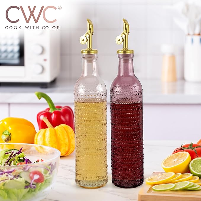 COOK WITH COLOR Glass Olive Oil Bottle Dispenser - 2 Pack- 17oz Oil and Vinegar Cruet - Olive Oil Carafe Decanter for Kitchen-Ruum Studio Home