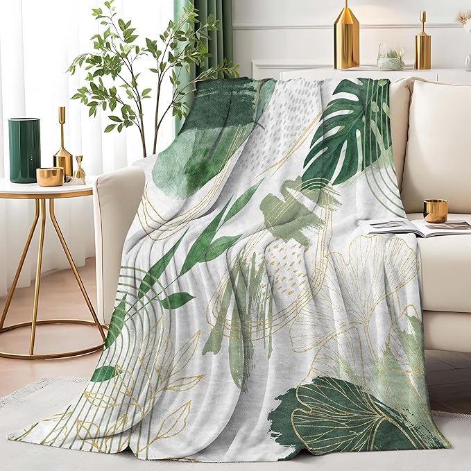 Sage Green Leaf Throw Blanket Mid-Century Green and Gold Boho Flannel Blankets for Couch Bed Living Room Sofa, Decorative Patterned Super Soft Cozy, 50x60 in-Ruum Studio Home