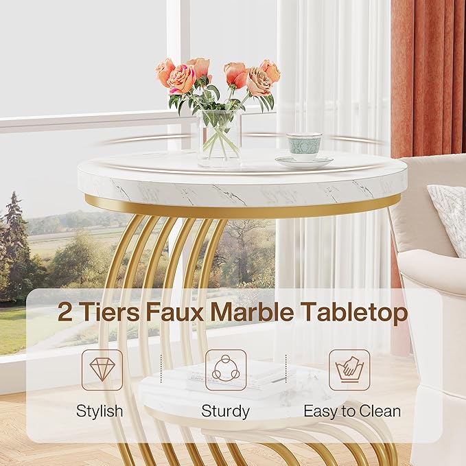 Tribesigns Gold Round End Table: 2 Tiers Faux Marble Side Table with Storage Shelf, Modern White Gold Bedside Nightstand, Metal Arc-Shaped Frame Accent Table for Living Room, Bedroom-Ruum Studio Home