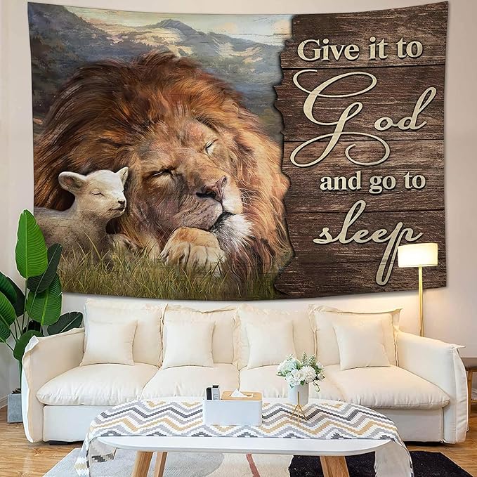 yowecso Lion and Lamb Tapestry Give It To God And Go To Sleep Tapestry Wall Hanging for Bedroom Christian Religious Tapestries Aesthetic Wall Decor for Home Dorm Living Room 50"x60"-Ruum Studio Home