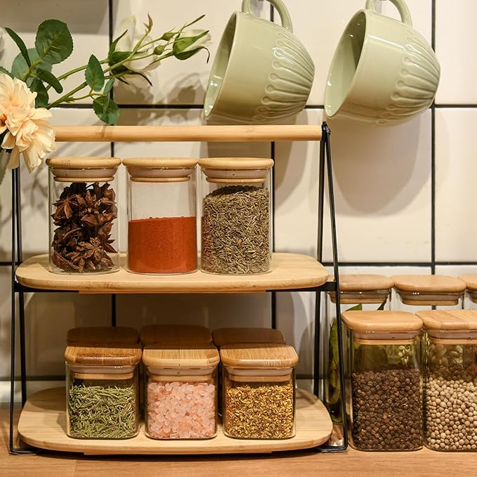 Glass Food Storage Jars Square 10oz, 12 Pack Glass Jars With Bamboo Lids, Kitchen Storage Containers For Spice, Candy, Cookie, Storage For Pantry Organizers-Ruum Studio Home