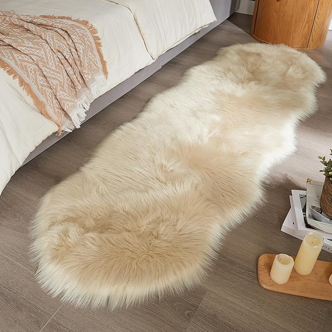 AMTOVO Faux Sheepskin Rug, Beige Ultra Soft Fluffy Shag Area Rug, 2 x 6 ft Faux Fur Rug for Bedroom Sofa Throw Cushion Room Decor, Sheepskin-Ruum Studio Home