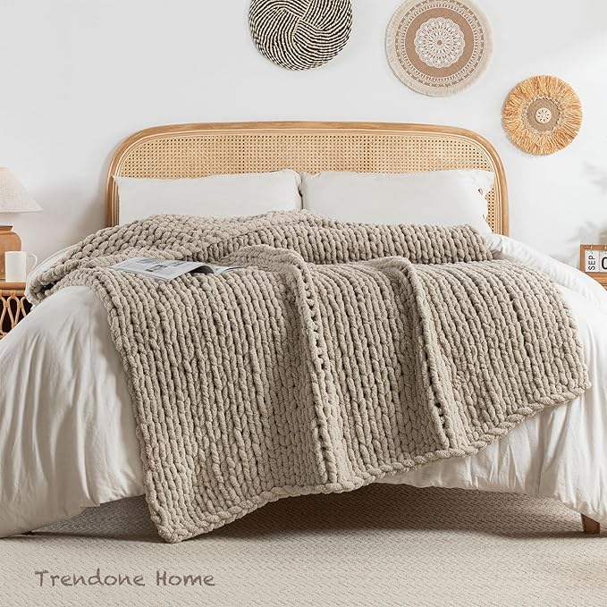 Chunky Knit Blanket Throw, 100% Hand Knit Throw Blanket Handmade Chenille Cable Knit Throw for Couch, Stylish Cozy Soft Rope Knot Crochet Blanket for Home Decor, Beige Linen, 60x80 Inches-Ruum Studio Home