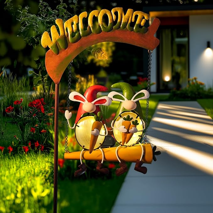 HONGLAND Solar Lights Outdoor Decor, Gnomes Swing Garden Decor, Funny Gardening Gifts for Women Mom, Gnome Outdoor Decorations with Welcome Sign for Front Porch Patio-Ruum Studio Home