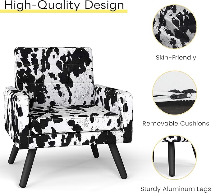 Kromax Mid-Century Modern Accent Chair for Living Room, 496 Lb. Weight Capacity, Dual Armrests, Comfy Extra Large Seat, Timeless Style Perfect for Reading & Relaxing, Cow Pattern-Ruum Studio Home
