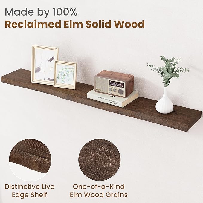 Floating Shelves for Wall Decor, Rustic Solid Elm Wood Live Edge Floating Shelves Wall Mounted, Wall Shelves with Invisible Bracket for Living Room Bathroom Bedroom Kitchen, 48 Inch, Walnut-Ruum Studio Home