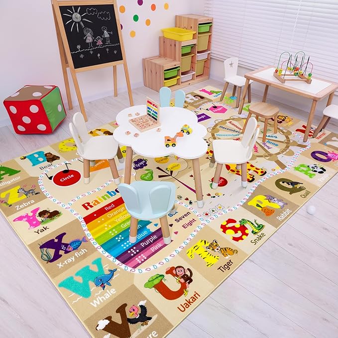 4x6 Playroom Rugs for Kids Washable, Educational and Fun Playmat with ABC Alphabet Animals Shapes Colors, Non-Slip Play Mat Learning Rugs for Baby Toddler Children Game Activity, Beige-Ruum Studio Home