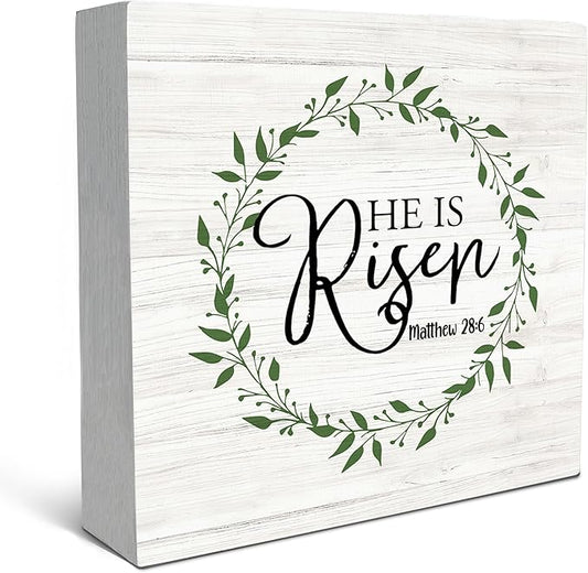 SRADMO He Is Resen Wood Box Sign Desk Decor, Christian Decor Wooden Sign Decoration For Home Office, Wooden Sign Decorations Indoor, Christian Signs For Home Decor Shelf Table Decor-Ruum Studio Home