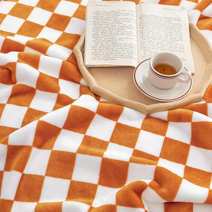 LOMAO Throw Blankets Flannel Blanket with Checkerboard Grid Pattern Soft Throw Blanket for Couch, Bed, Sofa Luxurious Warm and Cozy for All Seasons (Orange, 90"x90")-Ruum Studio Home