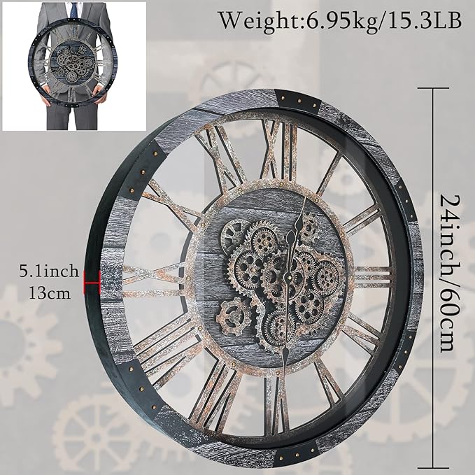 24 Inch Industrial Steampunk Wall Clock, Oversized Solid Wood Frame, Battery Operated, Large Wall Clock with Real Rotating Gears, Gray-Ruum Studio Home