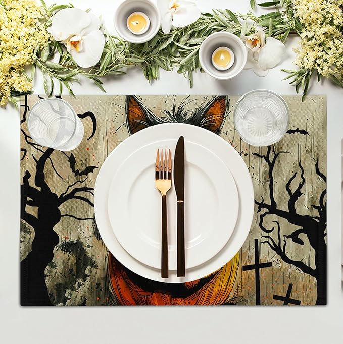 Halloween Black Cat Pumpkin 12x18 Placemats Set of 4 Happy Halloween Bat Branch Linen Table Place Mat Seasonal Fall Washable Heat Resistant Non Slip Table Placemats for Party Kitchen Dining Decor-Ruum Studio Home