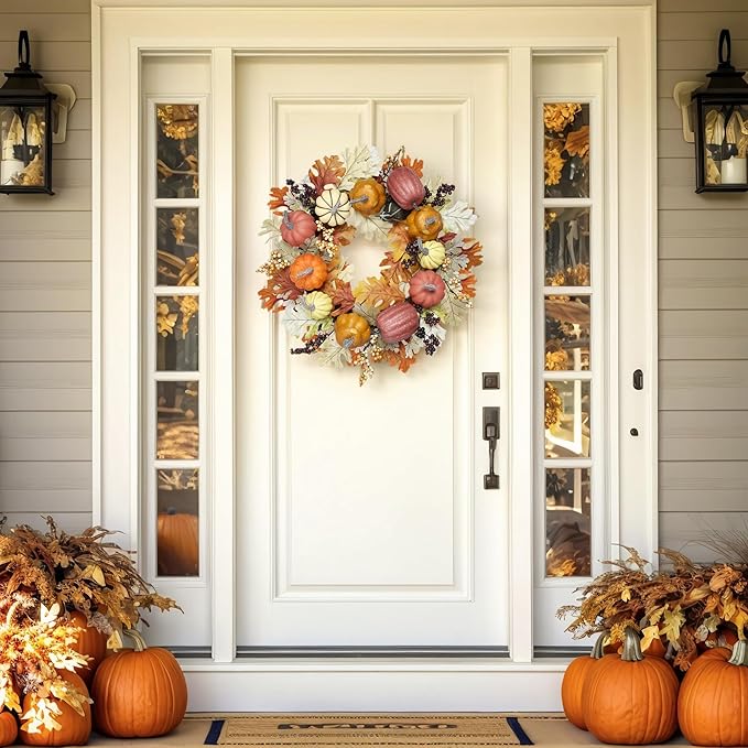 24 inch Fall Wreaths for Front Door Outside Autumn Wreath Fall Decorations for Home Decor Pumpkin Wreath for Farmhouse Holiday Thanksgiving Harvest Halloween Outdoor Indoors Fall Front Porch-Ruum Studio Home