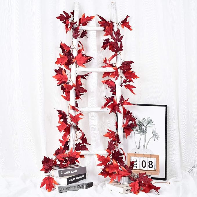 Lvydec 2 Pack Maple Leaves Fall Garland - 5.9ft/Strand Artificial Foliage, Red Fall Leaves Autumn Decoration for Home, Wedding, Party, Halloween, Thanksgiving-Ruum Studio Home