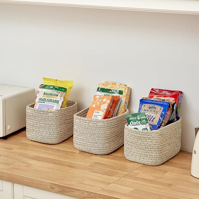 Small Cotton Rope Storage Basket Set of 3-11"x7"x7" Perfect Woven Baskets for Storage, Ideal Storage Baskets for Organizing Toys, Towels, and More - Baskets for Shelves and Home Decor（Beige）-Ruum Studio Home