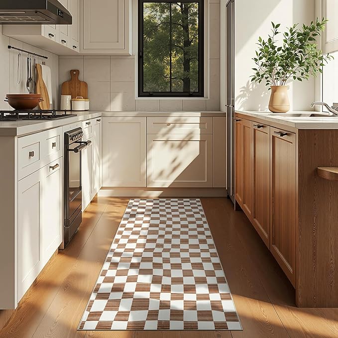 jinchan Runner Rug 2x6 Hallway Washable Modern Checkered Geometric Lattice Kids Bedroom Rug Indoor Floor Cover Non Slip Soft Carpet for Nursery Room Kitchen Laundry Room Home Brown-Ruum Studio Home