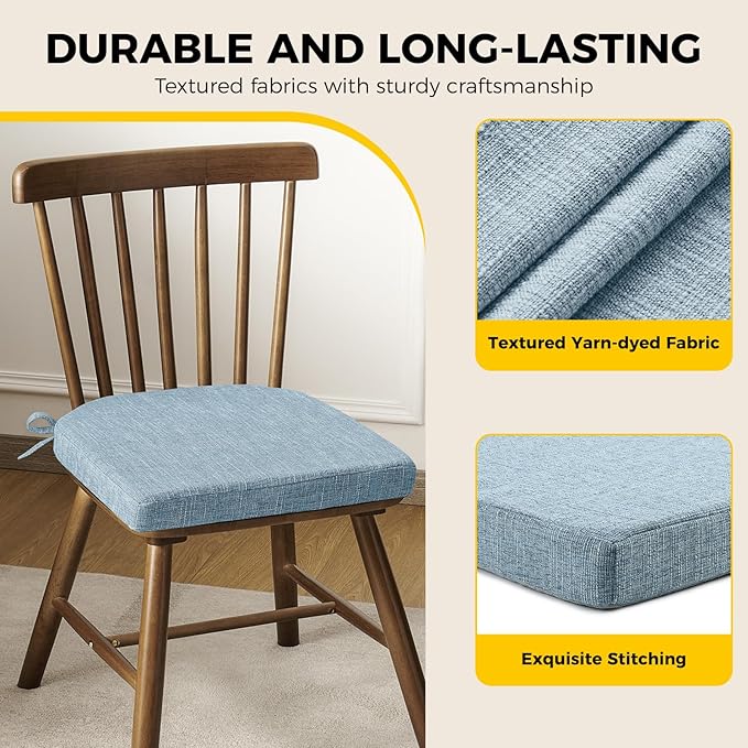 downluxe Indoor Chair Cushions for Dining Chairs, Soft and Comfortable Textured Foam Kitchen Chair Pads with Ties and Non-Slip Backing, 16" x 16" x 2", Light Blue, 2 Pack-Ruum Studio Home