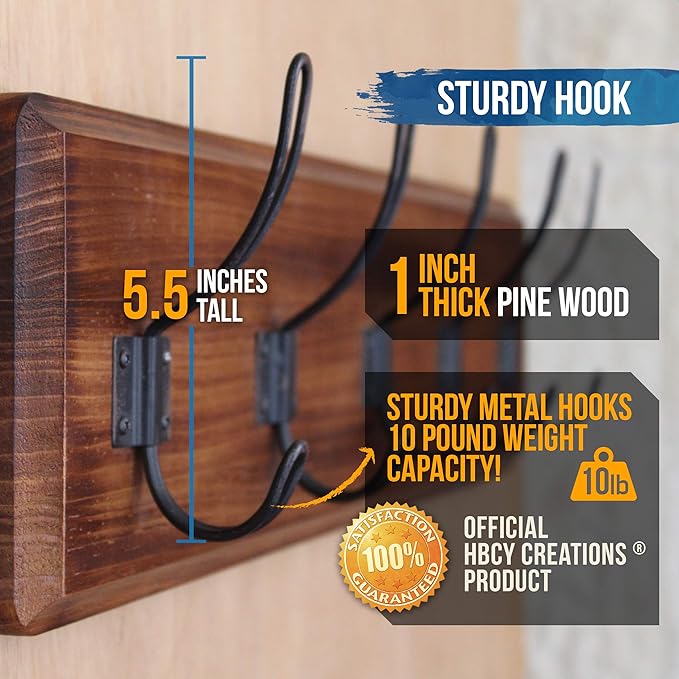HBCY Creations Dark Wash Brown Rustic Coat Rack Wall Mount with 5 Hooks, Solid Pine Wood 24 inch Wall Hooks for Entryway, Mudroom, Hallway, Bathroom - Vintage Farmhouse Style Wall Mounted Towel Rack-Ruum Studio Home