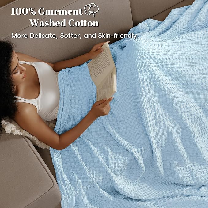 PHF 100% Cotton Waffle Weave Blanket King Size, Soft Lightweight Breathable Cozy Summer Blankets for Bed, Luxury Aesthetic Woven Bedding for Home Decor, 108"x90", Baby Blue-Ruum Studio Home
