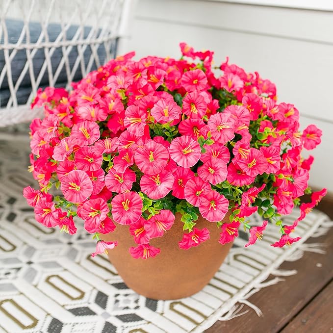 Artificial Flowers for Outdoors Fake Plants Outside Decoration, 12 Bundles Silk Hot Pink Morning Glory UV Resistant Look Real Faux Flowers for Planter Front Door Porch Patio Yard Gardens Home-Ruum Studio Home