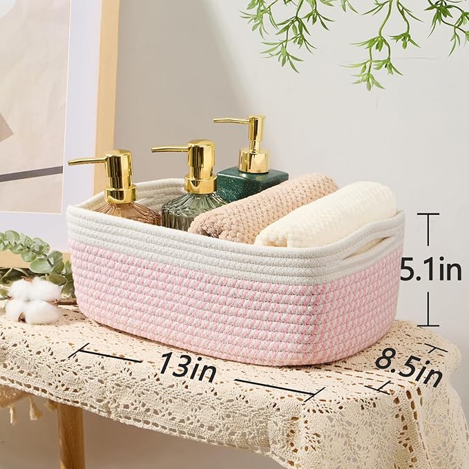 Small Storage Baskets for Organizing | Closet Organizer Bins | Shelf Toy Basket | Woven Rope Baskets | Cube Decorative Box | Shallow Basket | 13x8.5x5.1” | 3 Packs White Pink-Ruum Studio Home