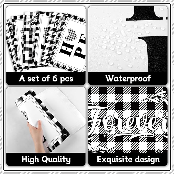 Love Family Placemats Set of 6 Buffalo Plaid Plastic Table Mats Black and White Plaid Place Mats Washable Vinyl Love Home Checkered Table Decoration for Indoor Outdoor Party Kitchen Dining-Ruum Studio Home
