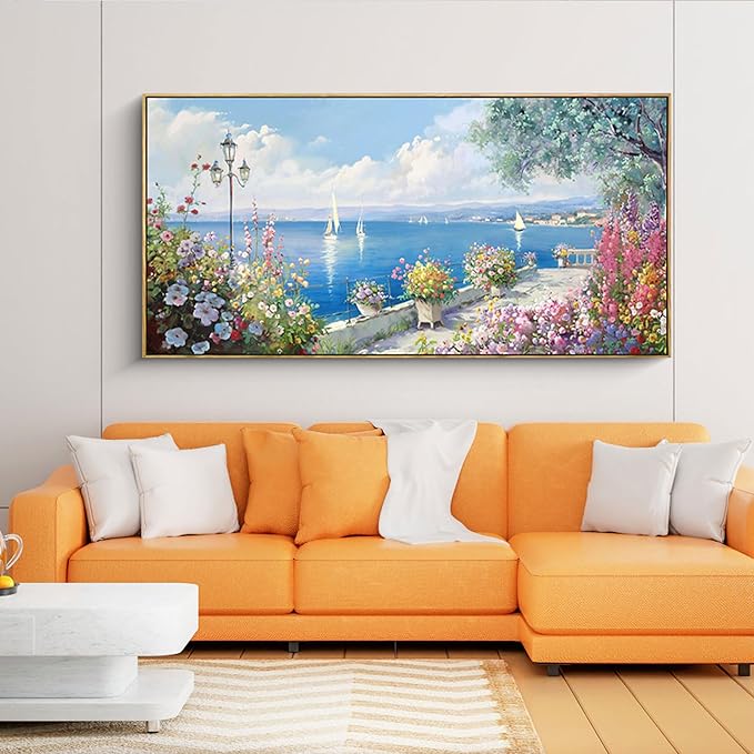 XLSJERST Large Coastal Wall Art - Ocean Seascape Canvas Yellow Green Flowers Painting Landscape Sailboat Picture Artwork Modern Large Framed for Living Room Bedroom Home Office Decor 24x48-Ruum Studio Home
