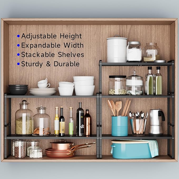 Expandable Cabinet Shelf Organizer, Stackable Kitchen Pantry Counter Storage, Adjustable Cupboard Stand Rack Risers Spice Organization Heavy Duty Black Small 3 Pack-Ruum Studio Home