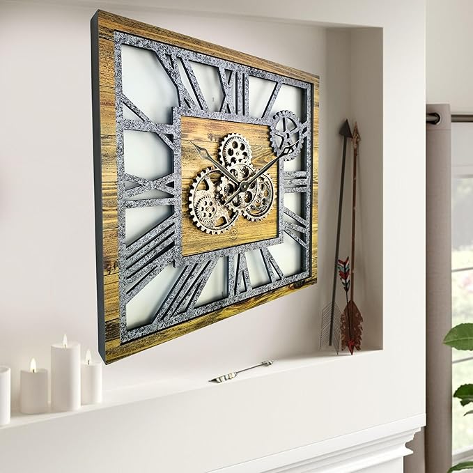 The Gears Clock 24'' Inch Square Real Moving Gear Wall Clock Vintage Industrial Oversized Rustic Farmhouse (Wood and Stone)-Ruum Studio Home