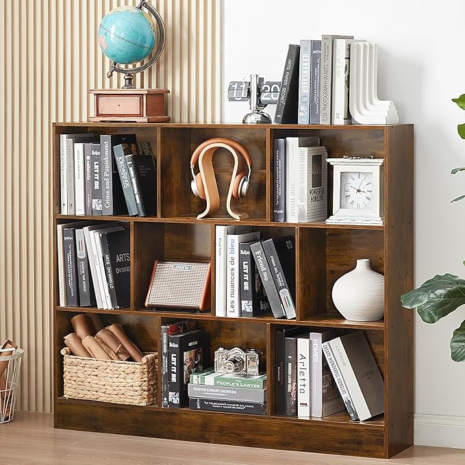 LEYAOYAO 10 Cube Bookshelf with Base,3 Tier Mid-Century Modern Grey Bookcase,Standing Wide Bookshelves Storage Organizer Shelf,Rustic Wood Display Cabinet Book Shelves for Bedroom,Living Room,Office-Ruum Studio Home