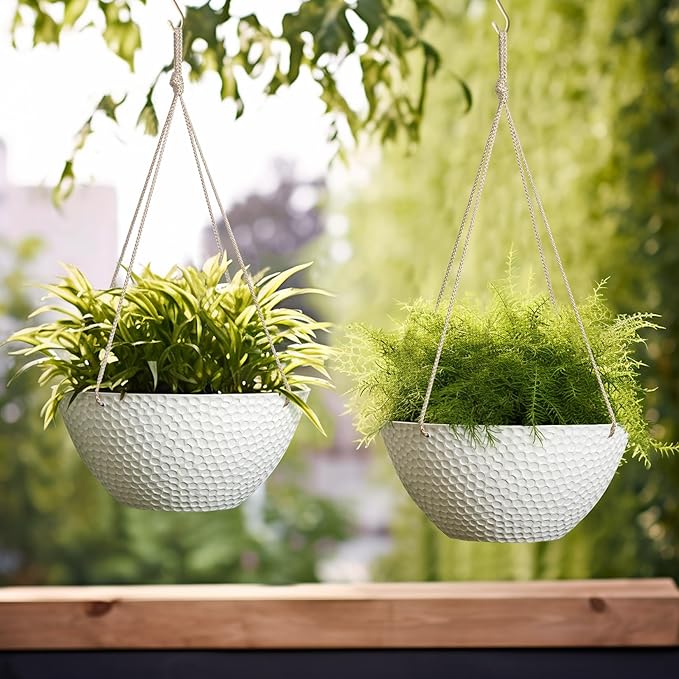 LA JOLIE MUSE Hanging Planters for Outdoor Plants, Large Hanging Planter with Drain Holes, Outdoor Hanging Flower Pots, White Stone, Honeycomb (13.2 Inch, Set of 2)-Ruum Studio Home