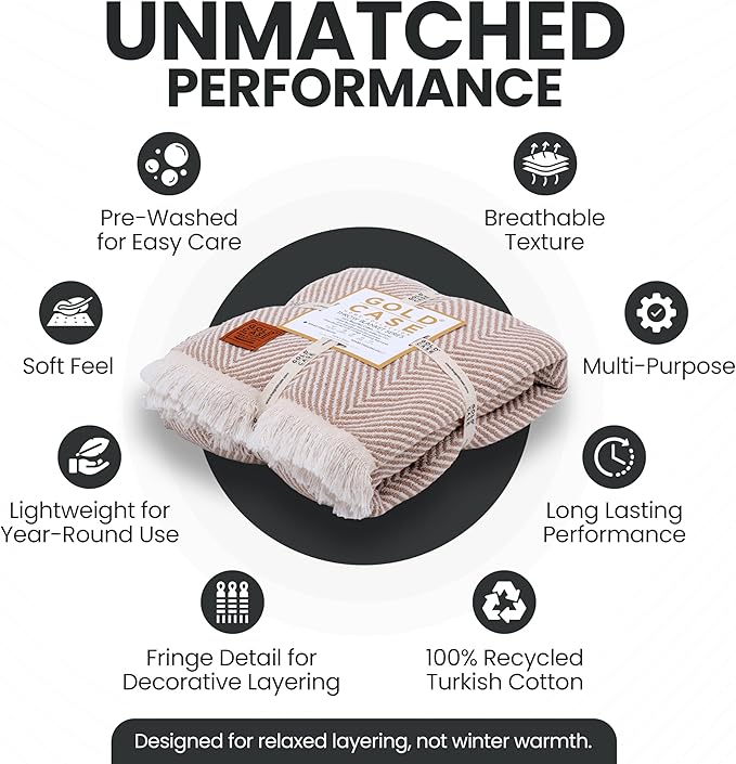 Gold Case Throw Blanket for Couch – 100% Recycled Turkish Cotton Blankets & Throws – Elegant Decorative Throw Blankets for Living Room Sofa – Woven Throws for Couch – Elegant Beige – 60x80-Ruum Studio Home