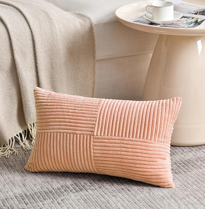 Fancy Homi 2 Packs Peach Lumbar Decorative Throw Pillow Covers 14x24 Inch for Living Room Couch Bed Sofa, Rustic Farmhouse Boho Home Decor, Soft Striped Corduroy Rectangle Accent Cushion Case 35x60 cm-Ruum Studio Home
