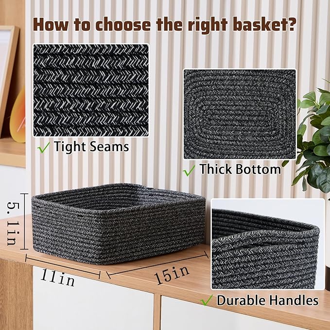Large Shallow Organizing Baskets 15x11x5.1 Inches - Rope Woven Storage Bins for Bathroom, Shelves, Cube Closet, Mixed Black 2 Packs-Ruum Studio Home