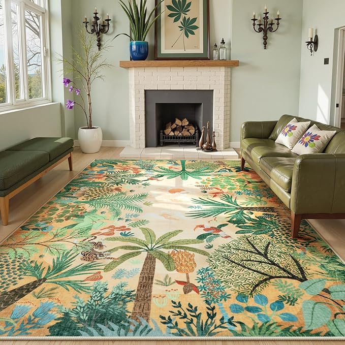 LIVEBOX Washable Jungle Animal Print 6 x 9 Area Rug for Dining Room, Non-Skid Yellow Kids Carpet Playmat Rug for Play Room, Soft Nursery Rugs for Girl Dorm, Kids Rugs for Bedroom Boys-Ruum Studio Home