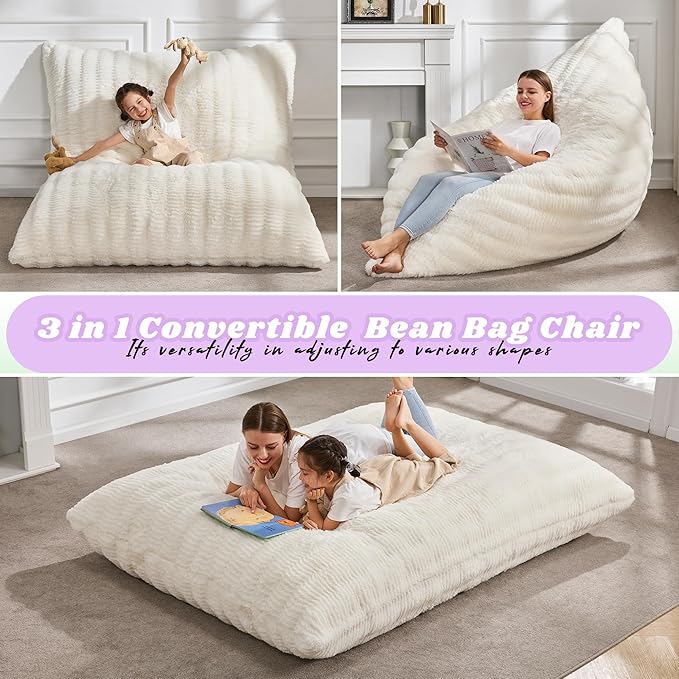 Hobestluk 3 in 1 Bean Bag Chair Giant Bean Bag Chairs for Adults with Ripple Cover Convertible Bean Bag Floor Cushion with Machine Washable Cover for Living Room (Ripple White)-Ruum Studio Home