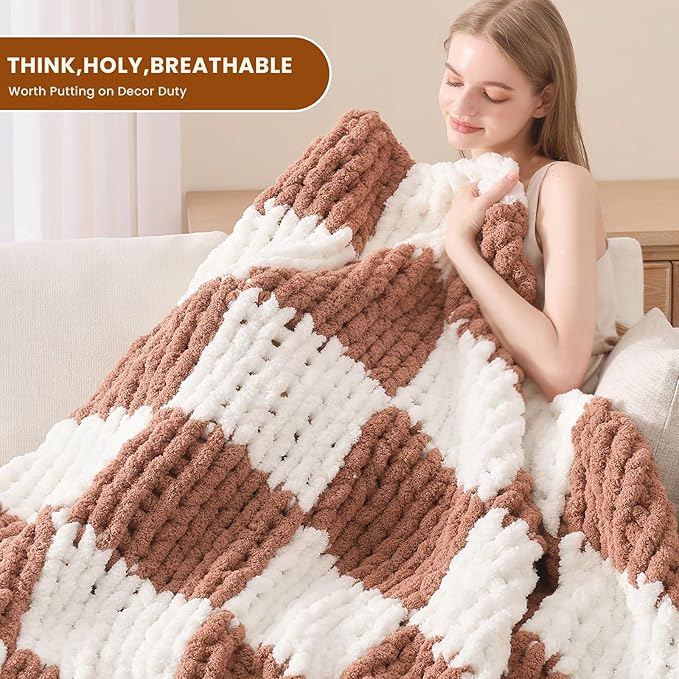 L'AGRATY Chunky Knit Blanket Throw: 60''x80'' Chenille Chunky Knitted Throw Blankets for Twin Bed Couch - Handmade Thick Cable Knit Blanket - Large Crochet Blankets for Home Decor(Brown Checkered)-Ruum Studio Home